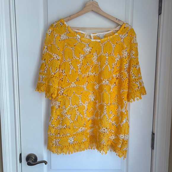 EST. 1946 Tops - EST. 1946 Crochet Top Yellow White Floral Guipure Lace Pom Pom Trim Blouse Large